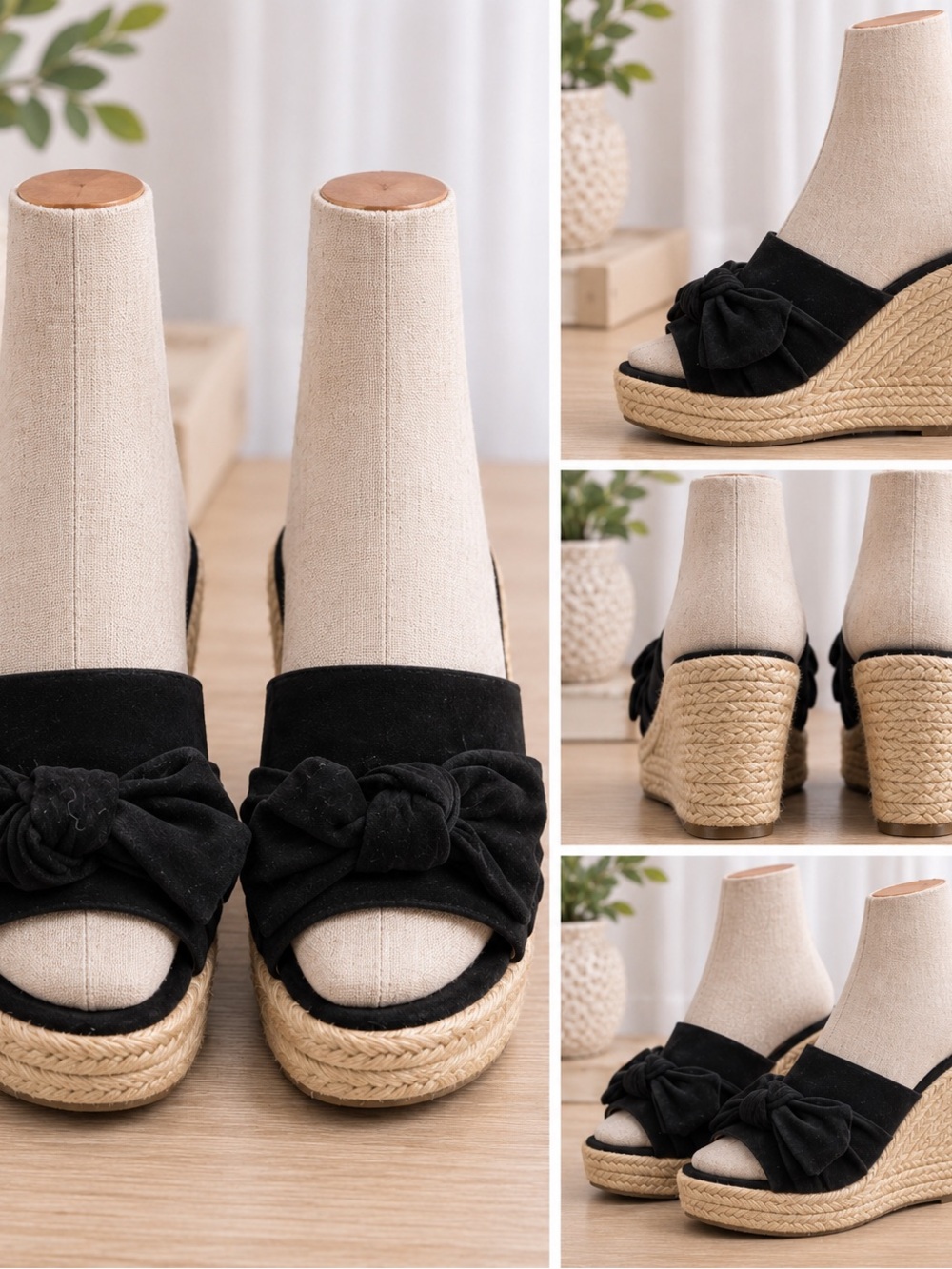 Black Suede Knot Espadrille Wedge Sandals